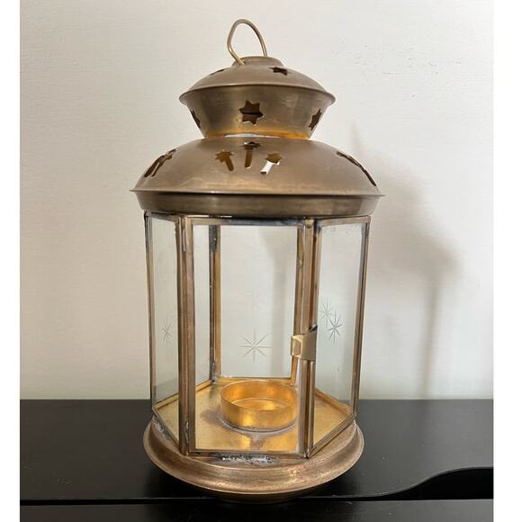 MCM Vintage Small Brass and Glass Lantern Etched with Stars for Tealight - Picture 1 of 6